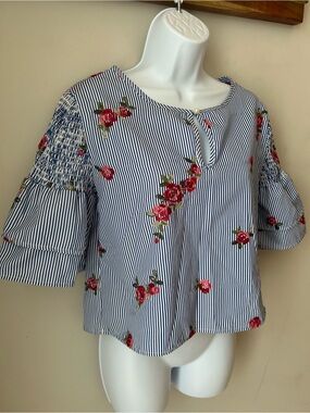 Dizzy Lissy Floral Embroidered Striped Peplum Blouse Medium Cottagecore